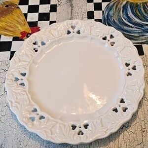 Set of 8 Vintage Portugal White Ceramic Reticulated Plates Hearts & Leaves 11"